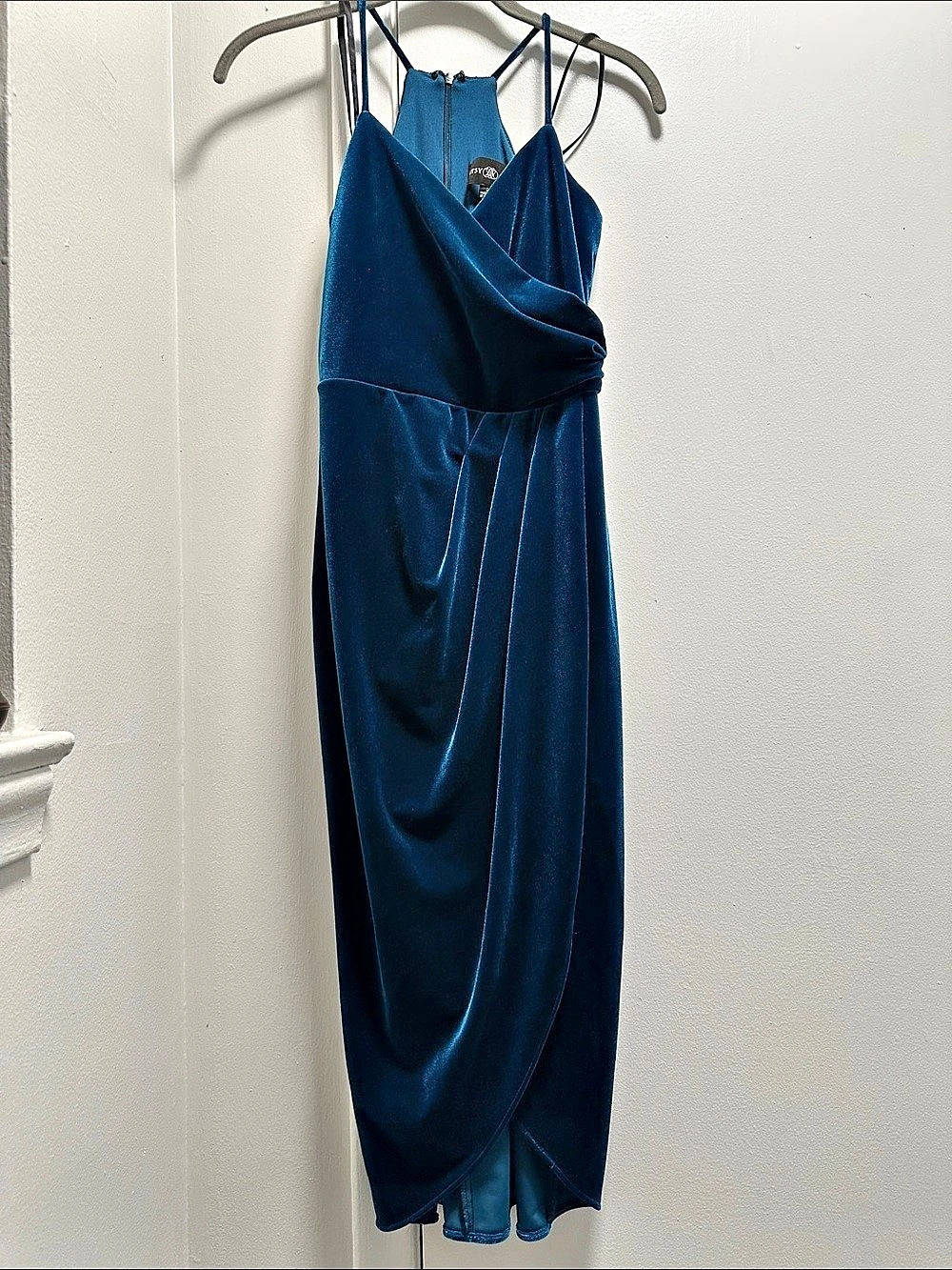 Betsy & Adam Size 2 Velvet Draped Mid-Length Dress in Teal Blue